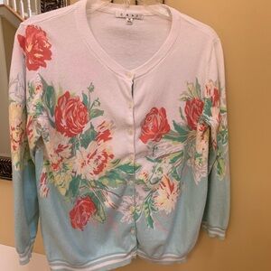 Cabi women's M 3/4 sleeve cardigan cotton sweater White Aqua floral roses